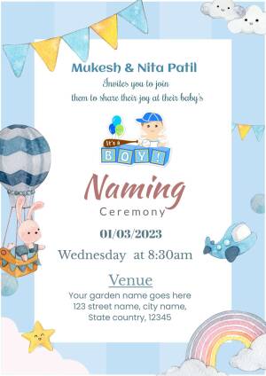 Watercolor baby boy naming ceremony invitation with hot air balloon and bunny