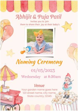 Watercolor baby naming ceremony invitation with balloons and a baby photo.