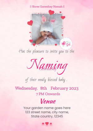 Pink baby girl naming ceremony invitation with a cute baby photo.
