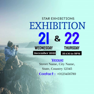 Poster announcing a photography exhibition with a photographer on a mountaintop.