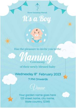 Baby boy naming ceremony invitation with blue background and cute baby illustration.