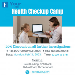 Health Checkup Camp advertisement featuring a doctor consulting with a young patient.