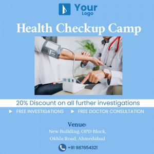 Image promoting a health checkup camp with a doctor checking a patient's blood pressure.