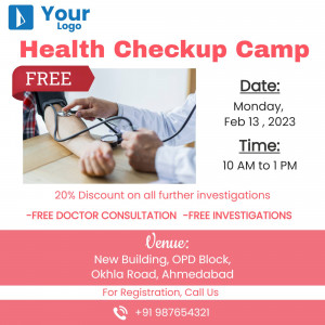 Health Checkup Camp poster with doctor checking patient's blood pressure