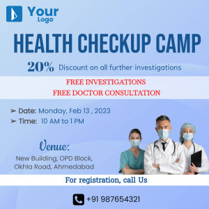 Health Checkup Camp advertisement with discount offer and doctor consultation details.