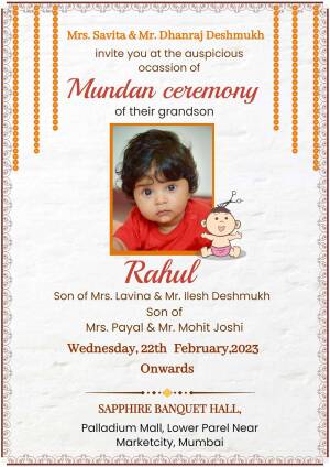 Invitation card for Rahul's Mundan ceremony with a photo of the child.