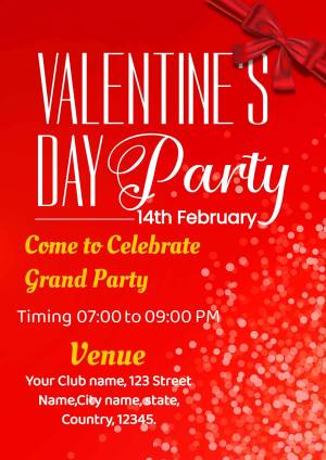 Red Valentine's Day party invitation with ribbon and text