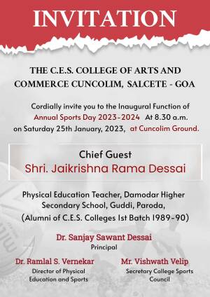 Invitation card for the Inaugural Function of Annual Sports Day at C.E.S. College of Arts and Commerce, Cuncolim