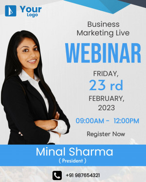 Webinar promotion featuring Minal Sharma, President