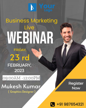 Webinar promotion featuring Mukesh Kumar, a graphics designer, presenting business marketing.