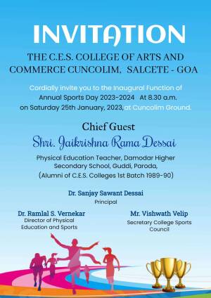 Invitation card for the Inaugural Annual Sports Day of C.E.S. College of Arts and Commerce, Cuncolim, Goa