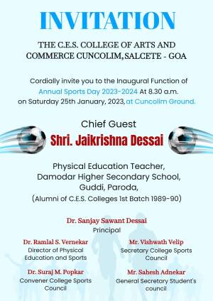 Invitation for the Inaugural Annual Sports Day 2023-2024 at C.E.S. College of Arts and Commerce, Cuncolim, Goa