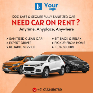 Advertisement for car rental services with images of cars and safety assurances.