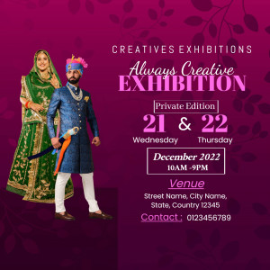 Invitation for a private Indian wedding exhibition featuring a traditionally dressed couple.