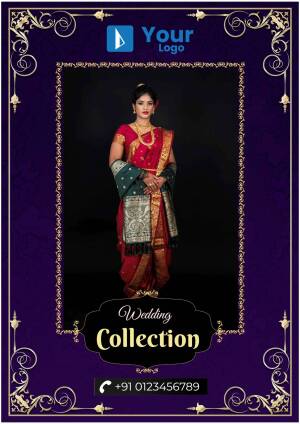 A woman in traditional Indian wedding attire posing in front of a dark purple background with decorative gold elements.