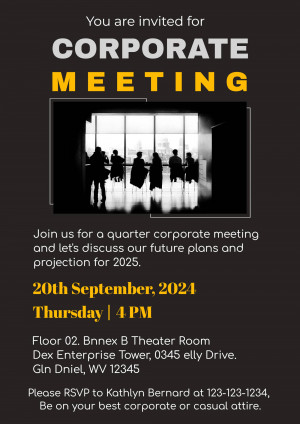 Invitation to a corporate meeting with silhouettes of people in a modern office setting.
