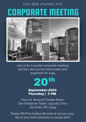 Invitation to a corporate meeting with a city skyline background.