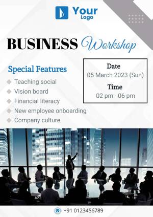 Flyer advertising a business workshop with details on special features, date, time, and contact information.