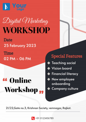 Flyer advertising a Digital Marketing Workshop with date, time, and special features.