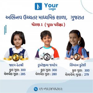 Image of three students who topped their class in Gujarat, with their names and scores.