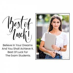 Young woman holding a laptop with 'Best of Luck' text overlay