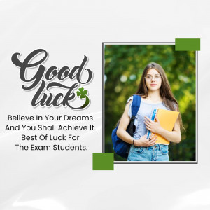 A young woman with a backpack and books, with the text 'Good Luck' and 'Believe in Your Dreams'