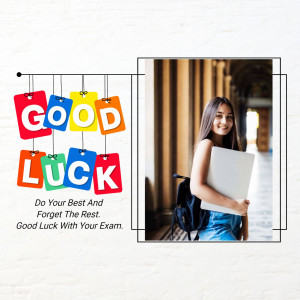 Image with 'Good Luck' tags and a student with a backpack