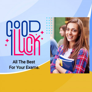 A student smiling and holding books with a 'Good Luck' message.