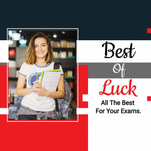 A young woman smiling and holding books with a 'Best of Luck' message.
