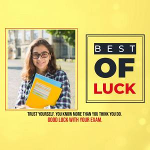 A student with folders and a 'Best of Luck' message.