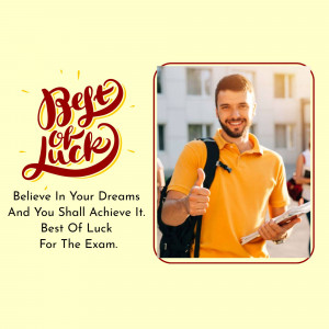 A young man smiling and giving a thumbs up with a 'Best of Luck' message.