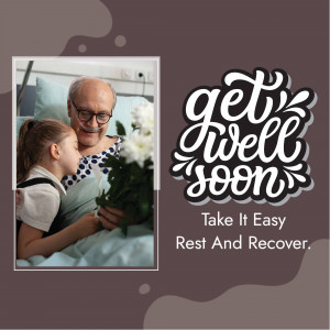A heartwarming get well soon card featuring a girl giving flowers to her grandfather in a hospital bed.