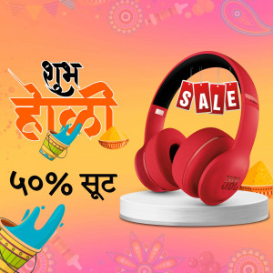Red headphones with Holi festival decorations and a sale announcement.