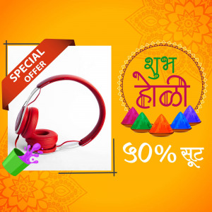 Red headphones with a Holi festival themed promotional banner