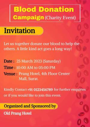 Blood donation campaign invitation poster with date, time, and venue details.
