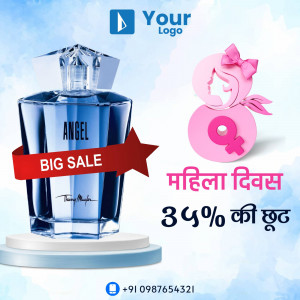 Angel perfume bottle with a Women's Day promotion and discount offer.