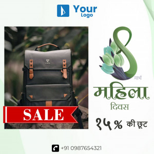Black backpack with a Mahila Divas (Women's Day) promotional banner.