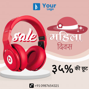 Red headphones with a hat and sale banner for Mahila Divas