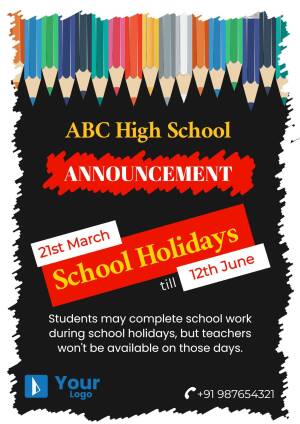 School holiday announcement with colorful pencils and black chalkboard background