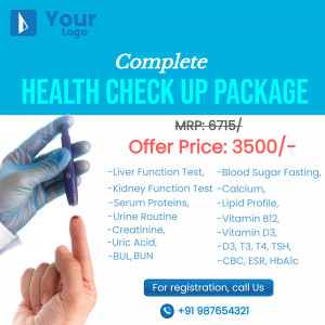 Health check up package advertisement with blood test image