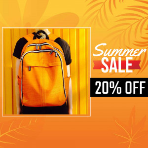 Orange backpack with a summer sale advertisement