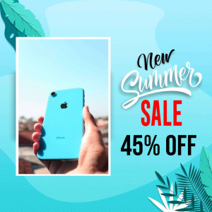 Image of a hand holding a turquoise iPhone with a summer sale promotion.
