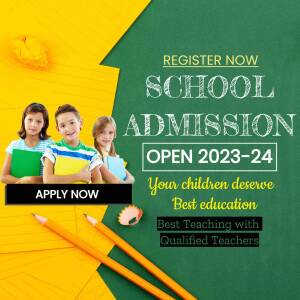 School admission advertisement with children and school supplies