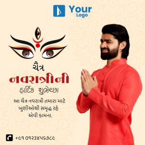 Navratri greeting with a man in traditional attire and a Durga image.