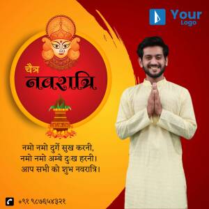 A man in traditional attire wishing Happy Navratri with a Durga image in the background.