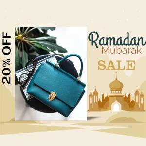 Ramadan Mubarak Sale featuring a teal handbag and mosque illustration