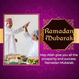 Ramadan Mubarak greeting with two men preparing food and a decorative background.