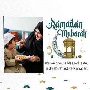A mother feeding her son during Ramadan, with festive decorations and a Ramadan Mubarak greeting.