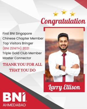 Image of Larry Ellison, a BNI member, with a congratulatory badge.