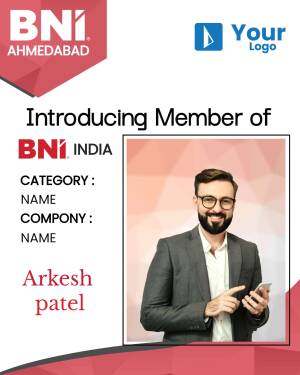 BNI Ahmedabad member profile card featuring Arkesh Patel